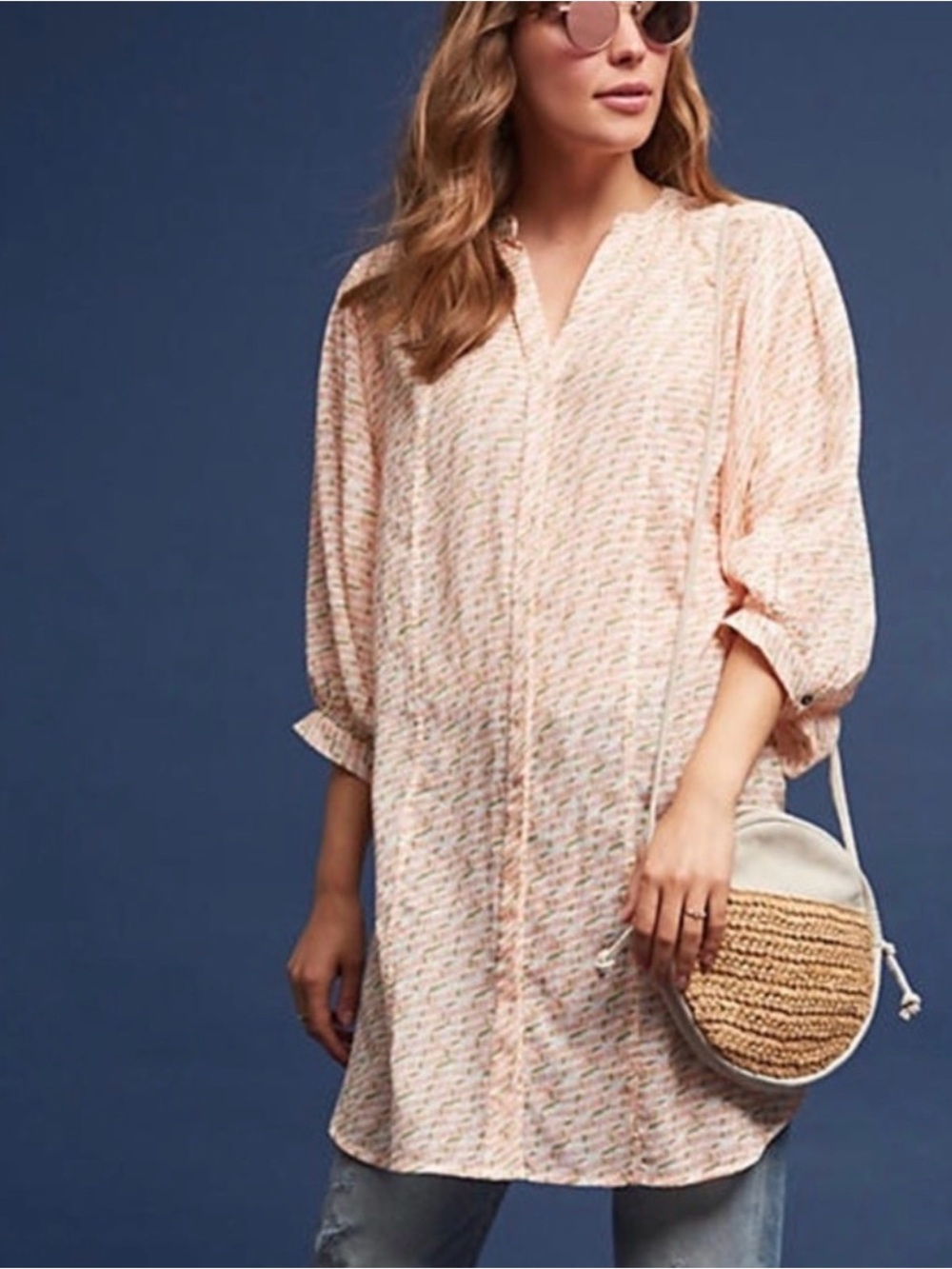Maeve Anthropologie Lena Yarn-Dyed Tunic Top Oversized Boho Gauze Coral Sz Large